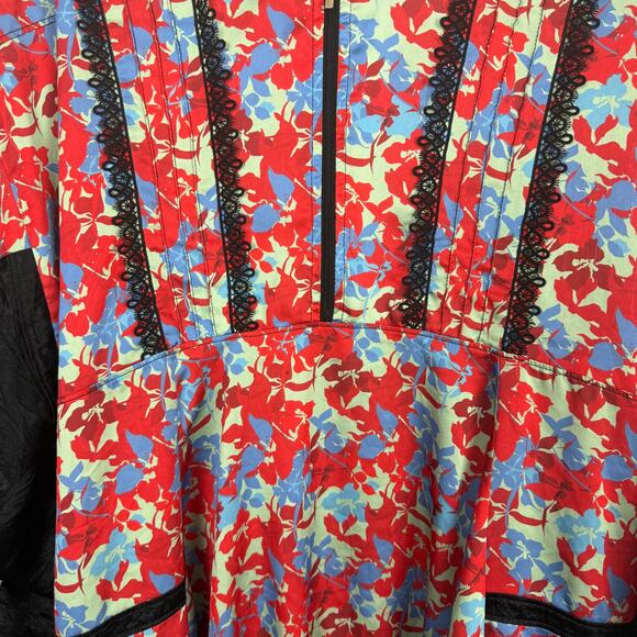 Koche Lace Trim Floral Dress Red Zip Crepe V-Neck Pockets 40 US 8 - Picture 7 of 14